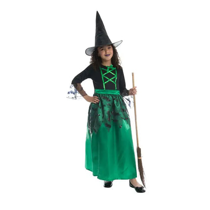 Bat Witch Costume Black and Green Dress with Hat for Girls 1