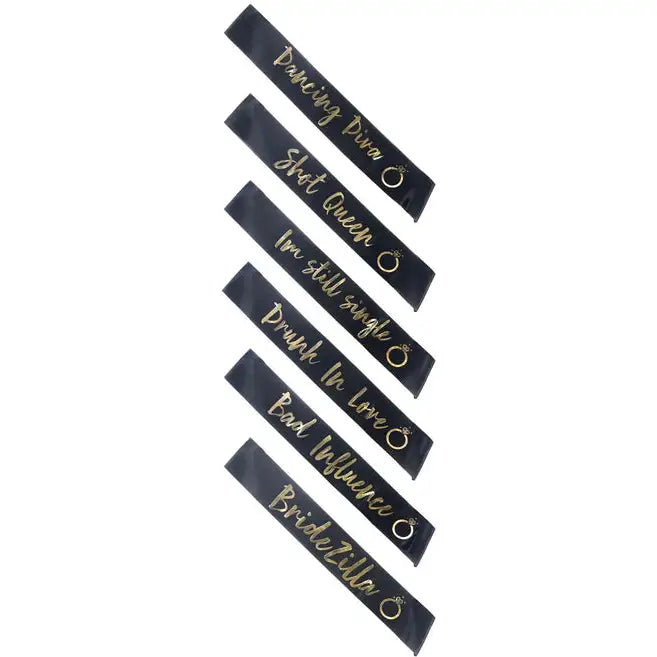 Hen Party Funny Sashes 6 Pack Black and Gold 1