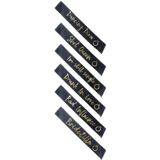 Hen Party Funny Sashes 6 Pack Black and Gold 1