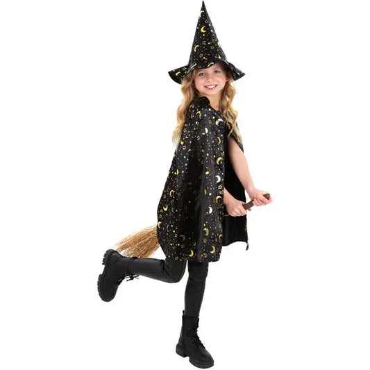 Wizard Kit Unisex Cape Hat for Kids Moon and Stars Gold Pattern 1