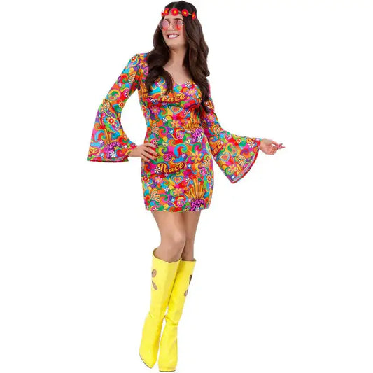 60s Rainbow Peace Hippie Costume Dress with Flared Sleeves 1