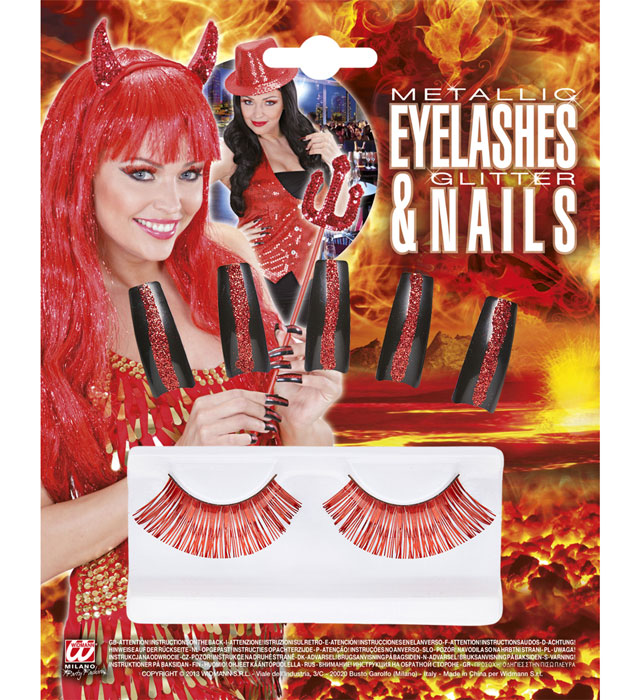 Set Of Red Metallic Eyelashes & 10  Nails