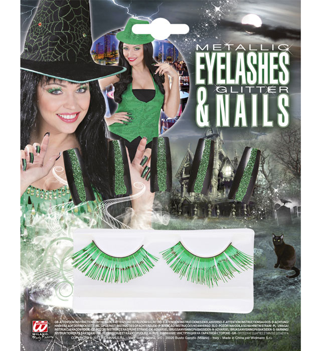 Set Of Green Metallic Eyelashes &10  Nails