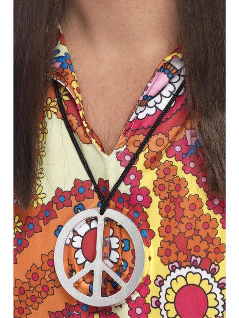 Peace Sign Medallion Adult Silver Coloured Hippy Flower Power Costume Accessory