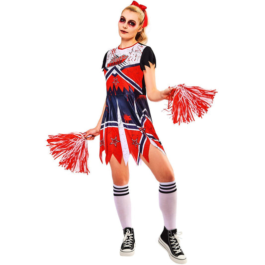 Zombie Cheerleader Adult Dress Costume with Pom Poms 1