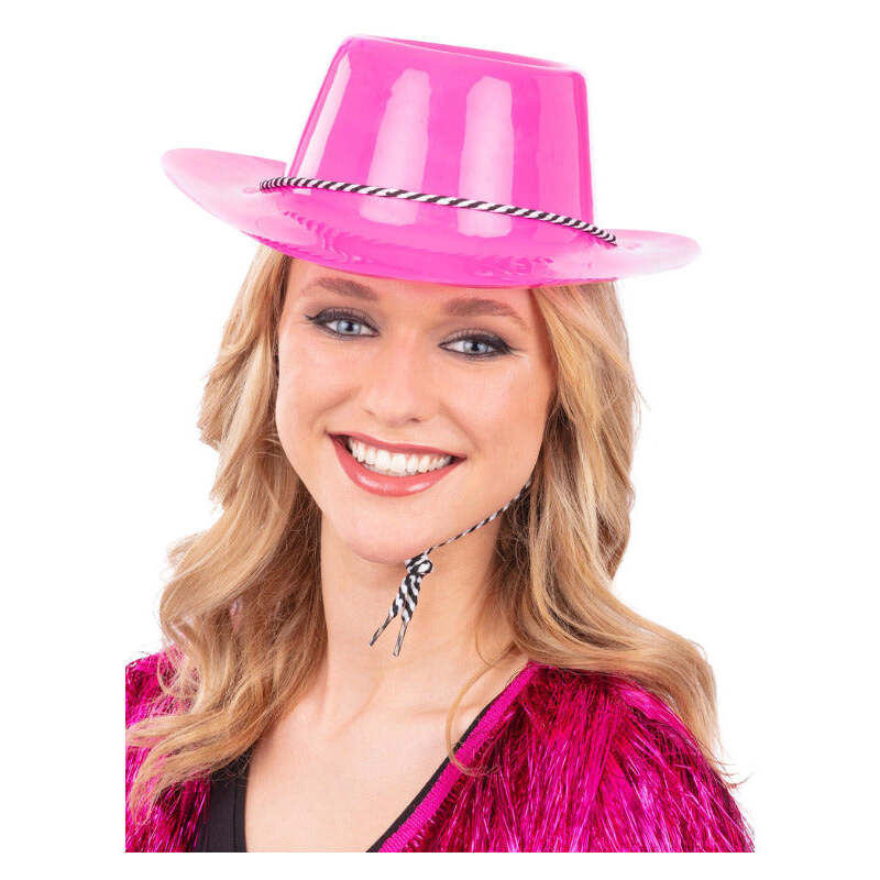 Neon Pink Cowboy Hat with Cord Adult Cowgirl Costume Accessory Daisy Duke 1