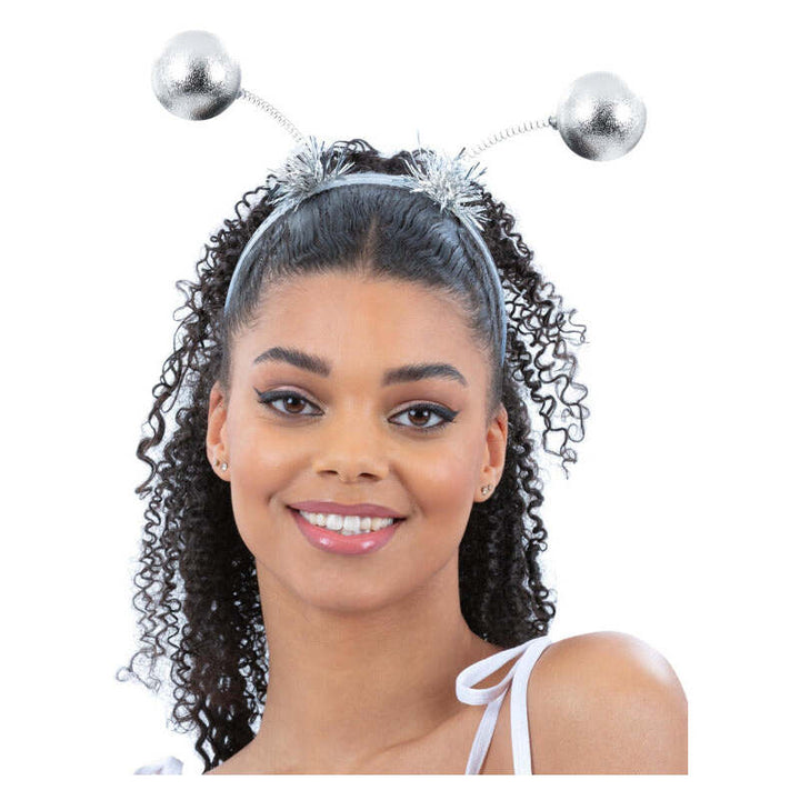 Silver Metallic Ball Bopper Headband with Tinsel Adult Costume Accessory 1