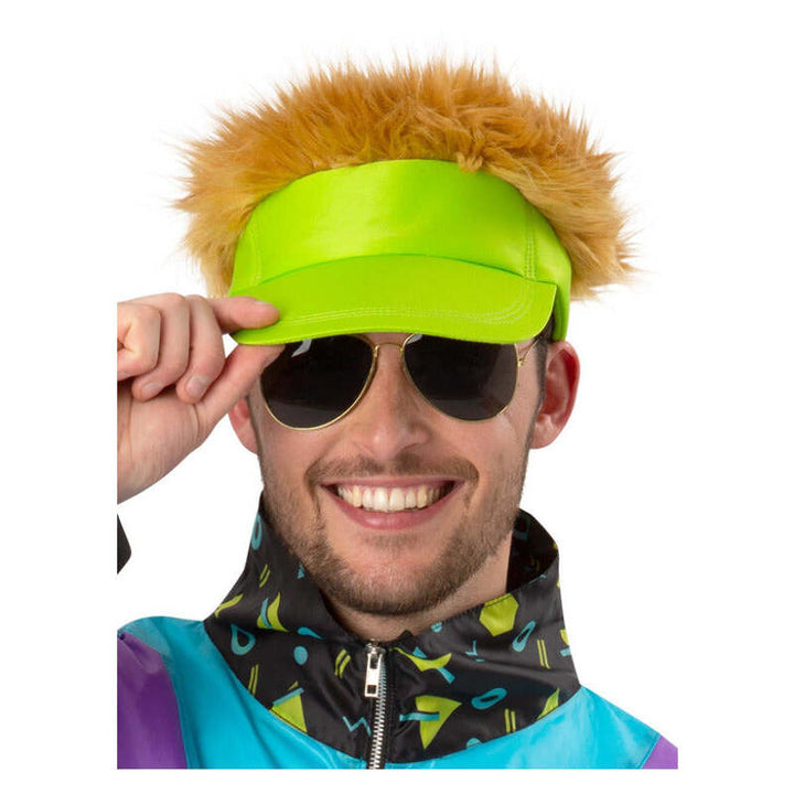 80s Neon Green Visor Hat with Dark Blonde Hair 1