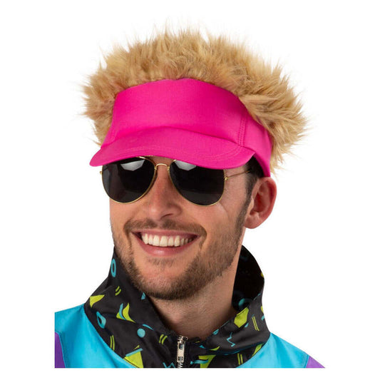 80s Neon Pink Visor Hat with Blonde Hair 1