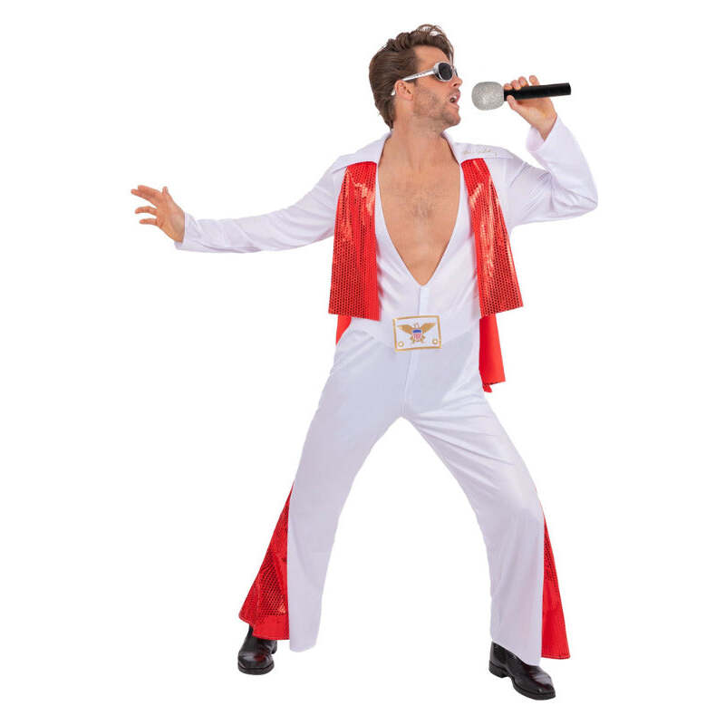 Elvis White Jumpsuit All in One Costume with Cape Adult 1