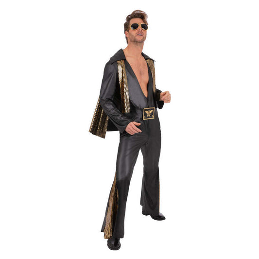Elvis Black Jumpsuit All In One Costume with Gold Details Cape Adult 1