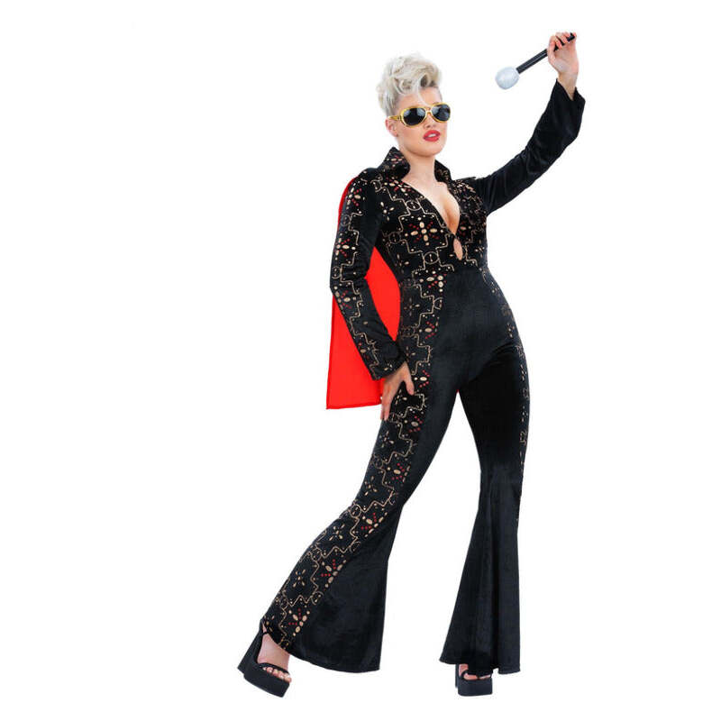 Elvis Black Rhinestone Costume Jumpsuit Costume with Red Cape for Women 1
