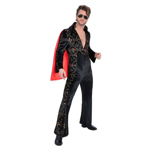 Elvis Black Rhinestone Jumpsuit Costume with Red Cape for Men 1