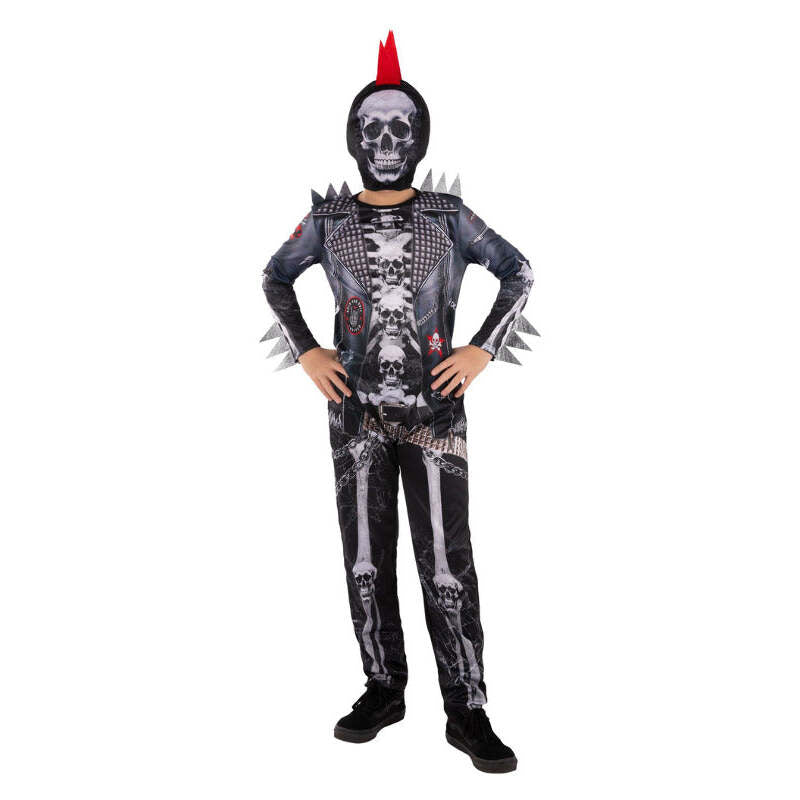 Boys Punk Skeleton Costume All in One Jumpsuit with Hooded Mask 1