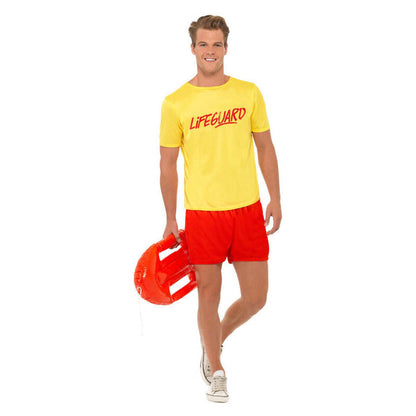 Lifeguard Beach Costume Mens Yellow T-Shirt and Red Shorts Baywatch Style 1