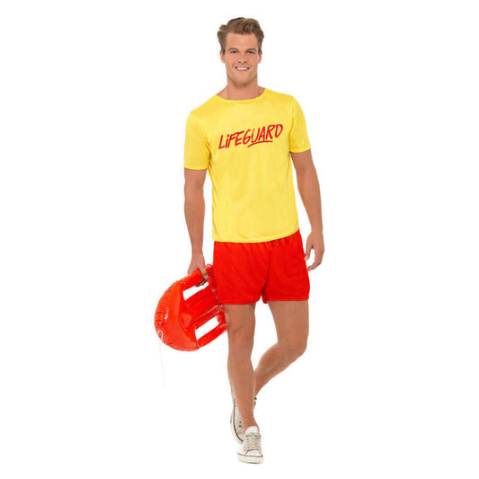 Lifeguard Beach Costume Mens Yellow T-Shirt and Red Shorts Baywatch Style 1