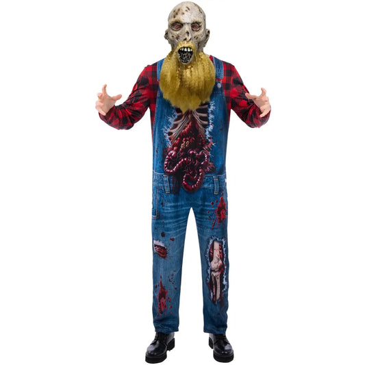 Hillbilly Zombie Costume Dungarees and Flannel Shirt Bearded Mask 1