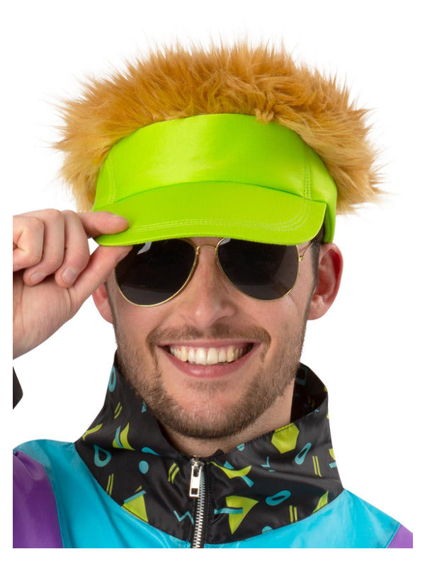 80s Neon Green Visor Hat with Dark Blonde Hair 1