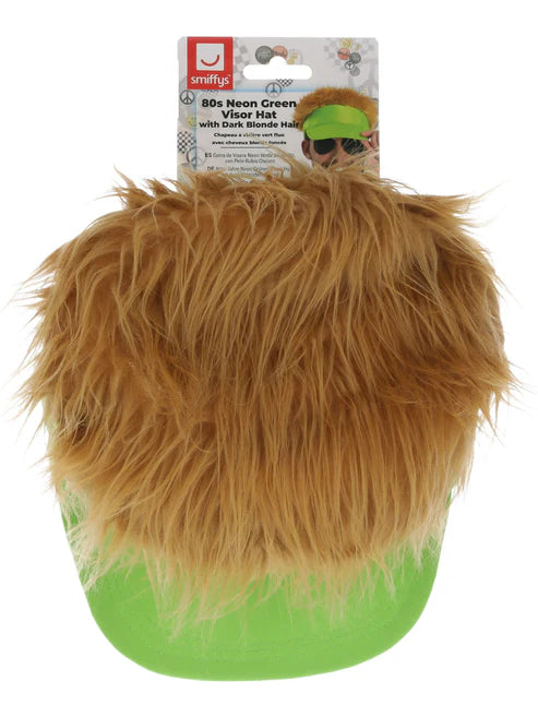 80s Neon Green Visor Hat with Dark Blonde Hair 2