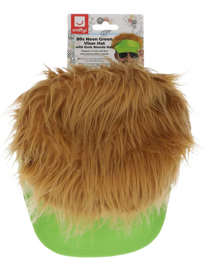 80s Neon Green Visor Hat with Dark Blonde Hair 2