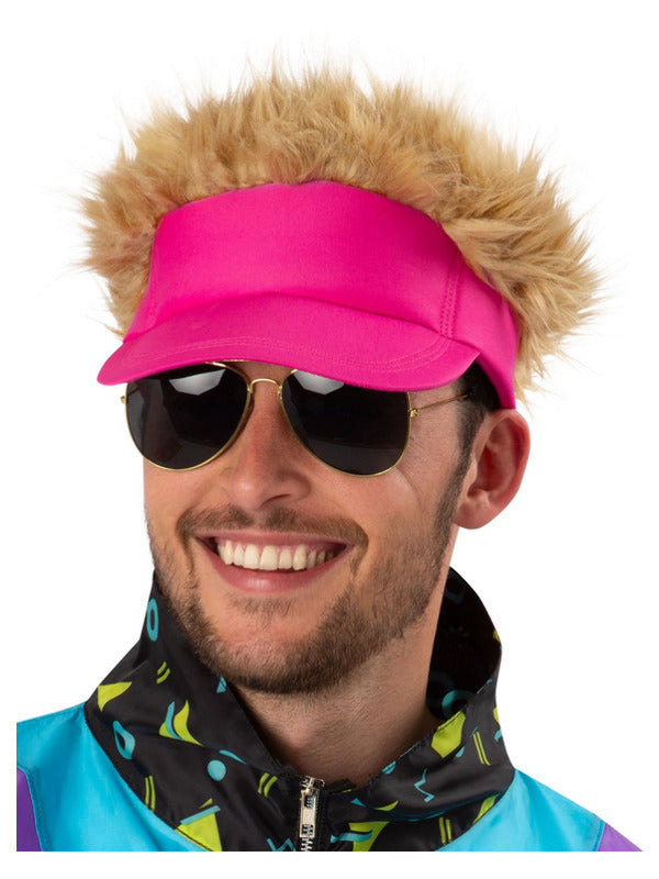 80s Neon Pink Visor Hat with Blonde Hair 1