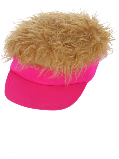 80s Neon Pink Visor Hat with Blonde Hair 2