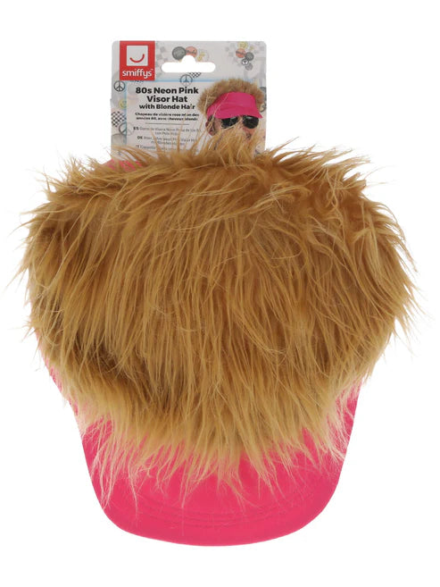 80s Neon Pink Visor Hat with Blonde Hair 3