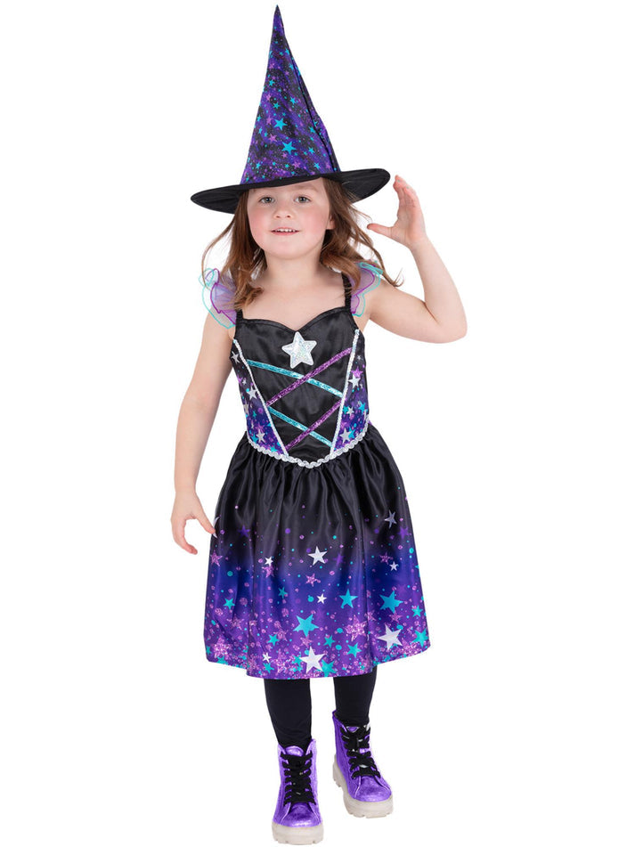 Starry Night Witch Costume Child Purple and Black Dress Starry Hat 3