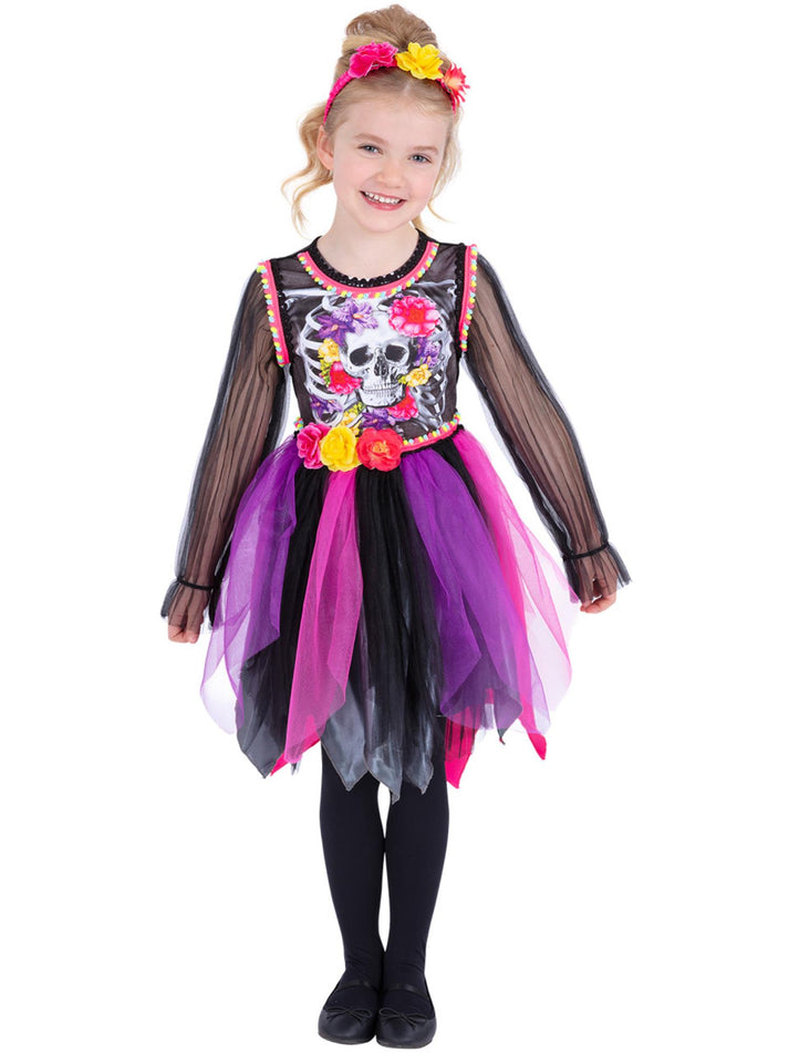 Childs Day of the Dead Pom-Pom Costume Multi Coloured Dress And Headband