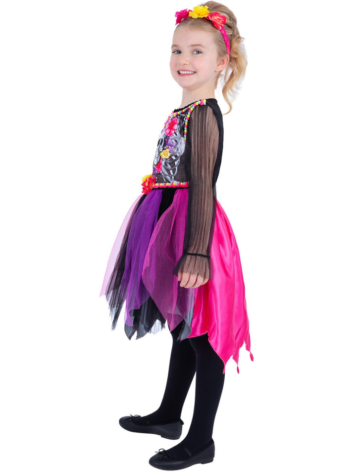 Childs Day of the Dead Pom-Pom Costume Multi Coloured Dress And Headband