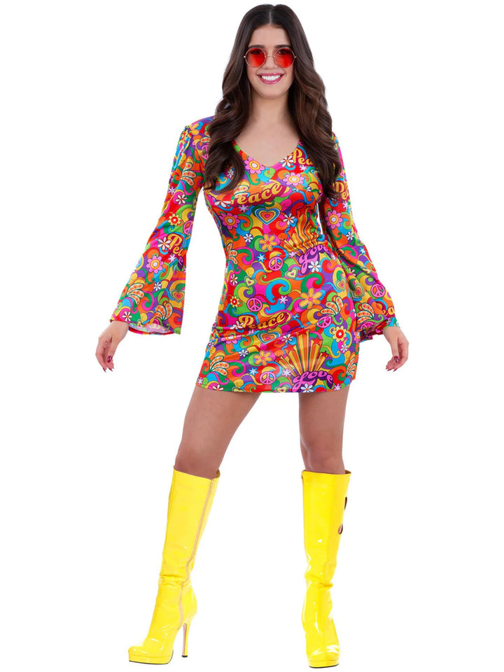 60s Rainbow Peace Hippie Costume Dress with Flared Sleeves