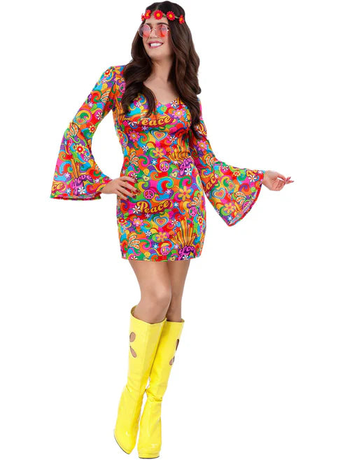 60s Rainbow Peace Hippie Costume Dress with Flared Sleeves