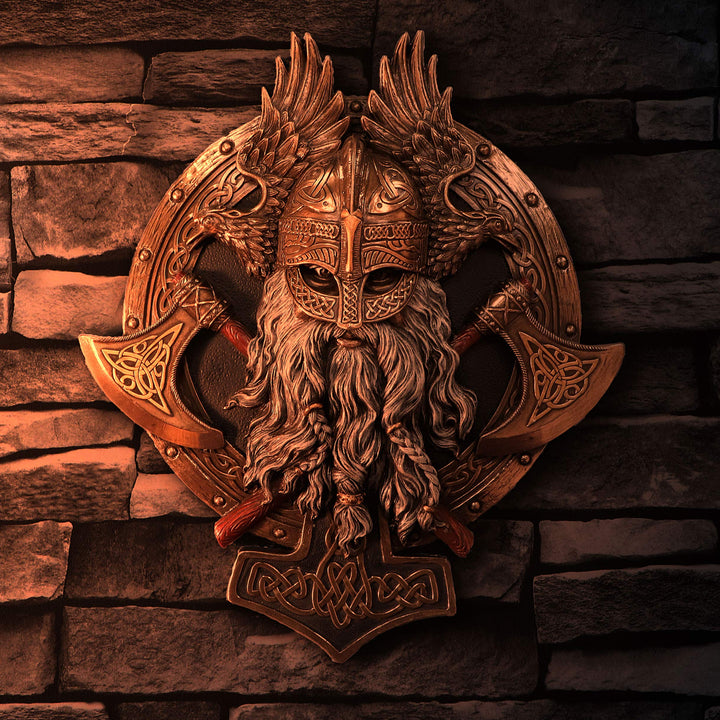 Bronze For Valhalla Viking Axe Hammer Raven Wall Plaque 27cm
