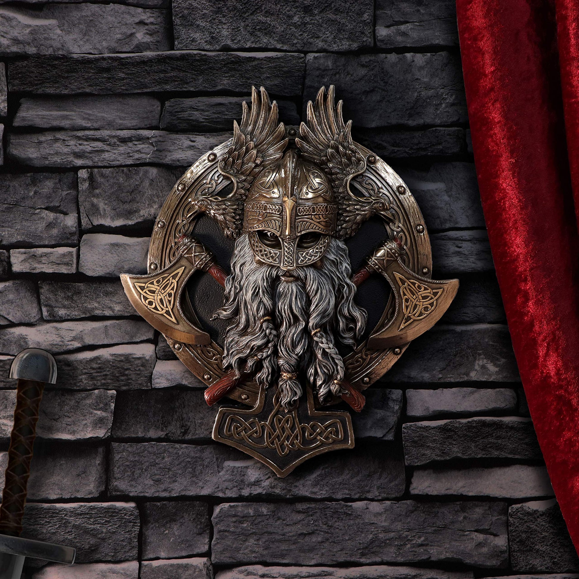 Bronze For Valhalla Viking Axe Hammer Raven Wall Plaque 27cm 7