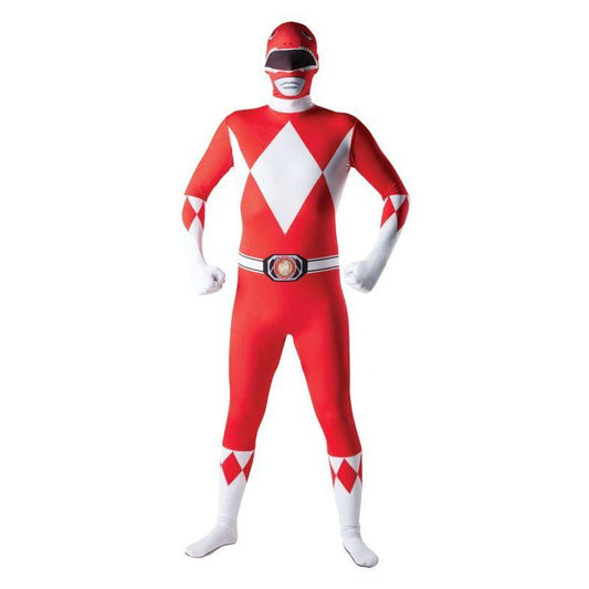 Adult Red Power Ranger Mighty Morphin 2nd Skin Fancy Dress Bodysuit Mens 1