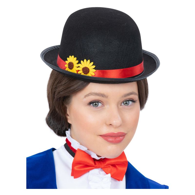 Adult Victorian Nanny Kit Black Bowler Hat with Red Band Red Bow Tie Adult Costume Accessory 1