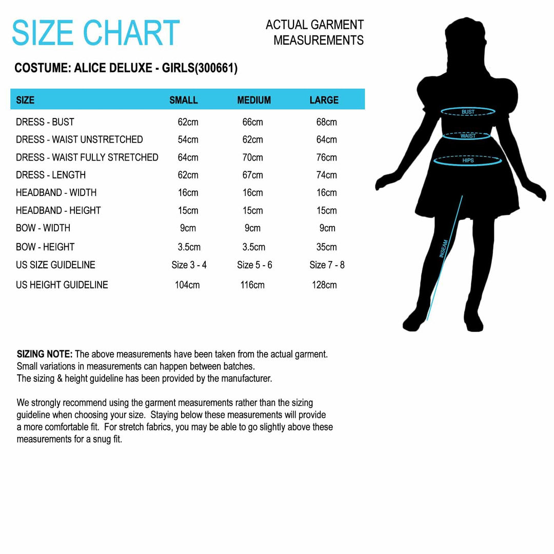 Size Chart Alice in Wonderland Girls Costume Satin Blue