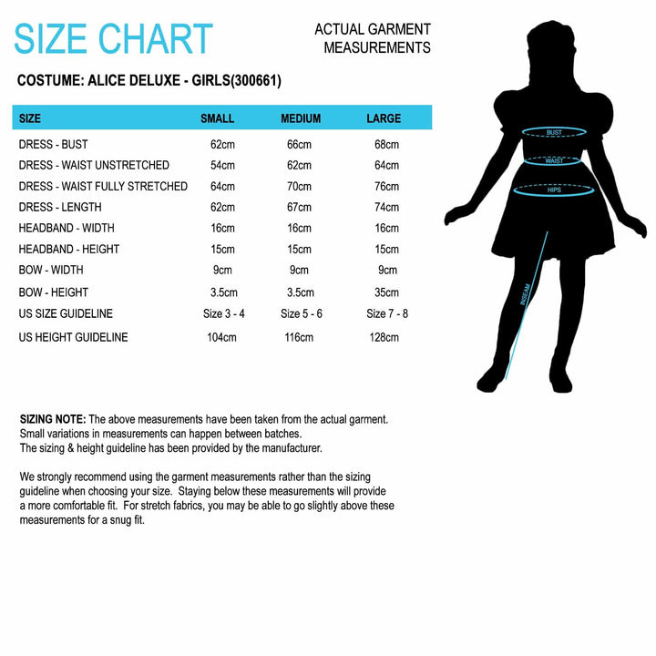 Size Chart Alice in Wonderland Girls Costume Satin Blue