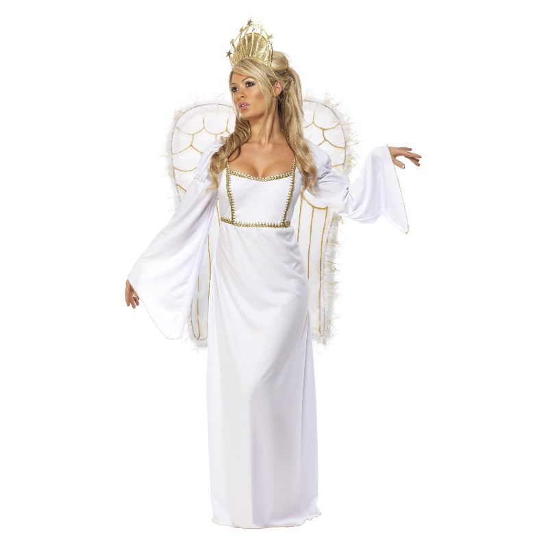 Angel Costume White Adult White Dress Gold Crown and Wings 1