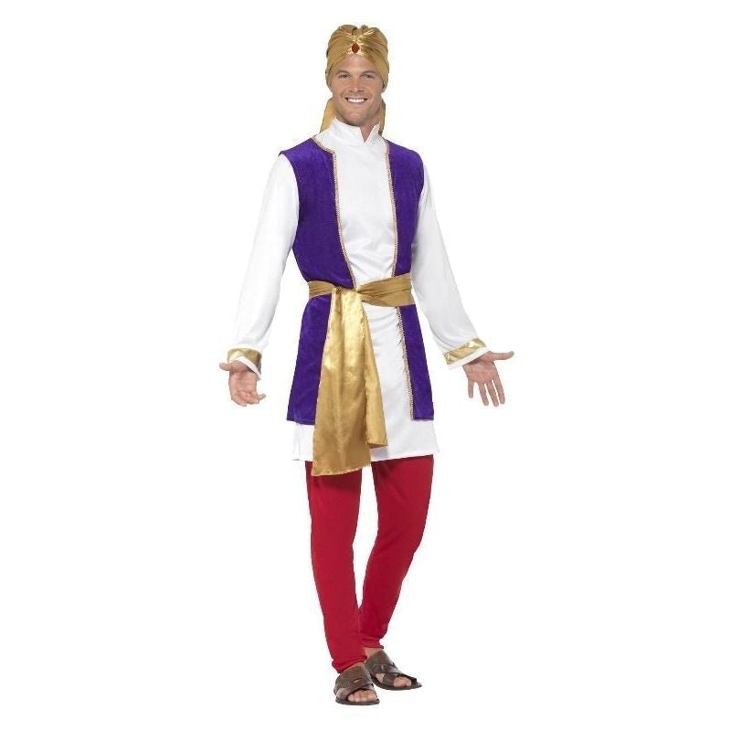 Arabian Prince Costume Adult White Top Purple Waistcoat Red Trousers Gold Belt Turban 1