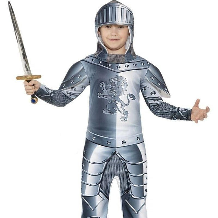 Armoured Knight Deluxe Costume Kids Jumpsuit Grey Headpiece_4