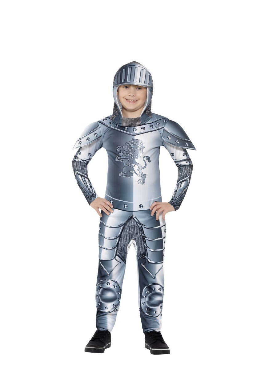 Armoured Knight Deluxe Costume Kids Jumpsuit Grey Headpiece 1