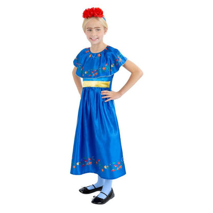 Artist Frida Costume Kids Blue Dress and Red Flower Headband 1