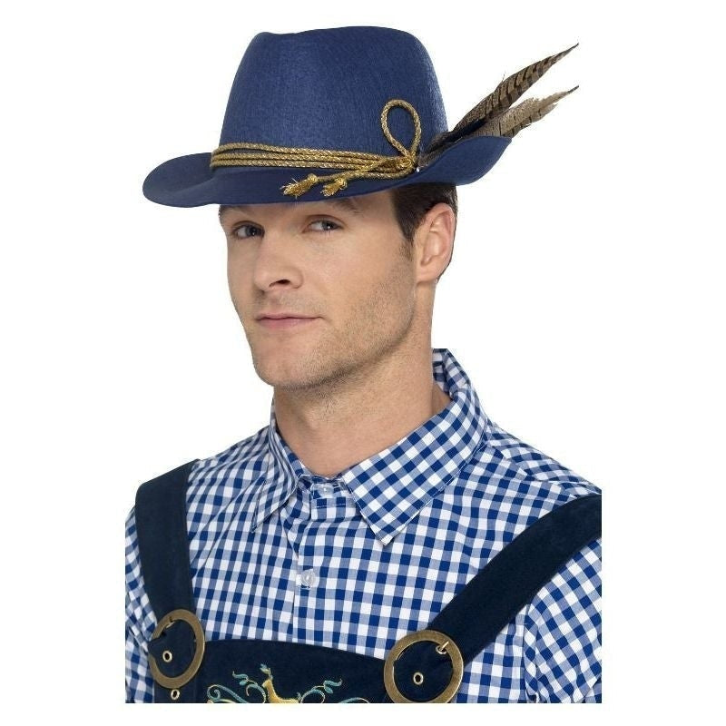 Authentic Bavarian Oktoberfest Hat Adult Blue with Feather Costume Accessory 1