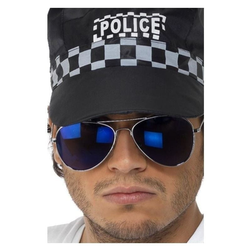 Aviator Specs Blue Mirror Adult Silver Framed Cop Costume Glasses 1