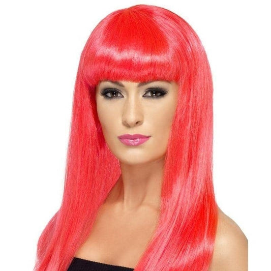 Babelicious Wig Adult Neon Pink Long Straight with Fringe Costume Hair 2