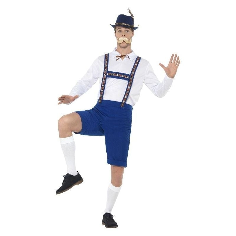 Bavarian Costume Adult Blue Lederhosen Hat with Feather White Shirt 1