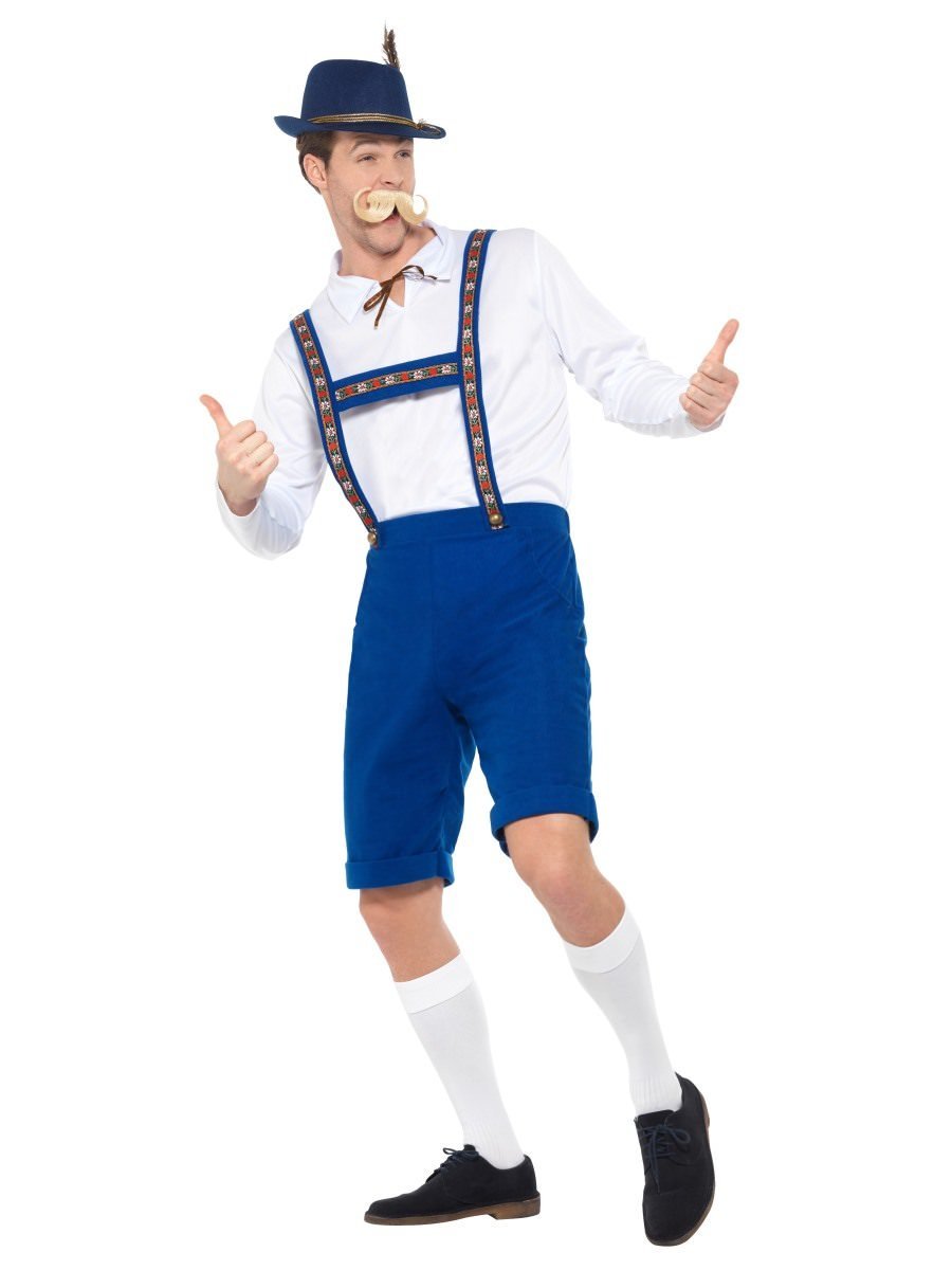 Bavarian Costume Adult Blue Lederhosen Hat with Feather White Shirt 2