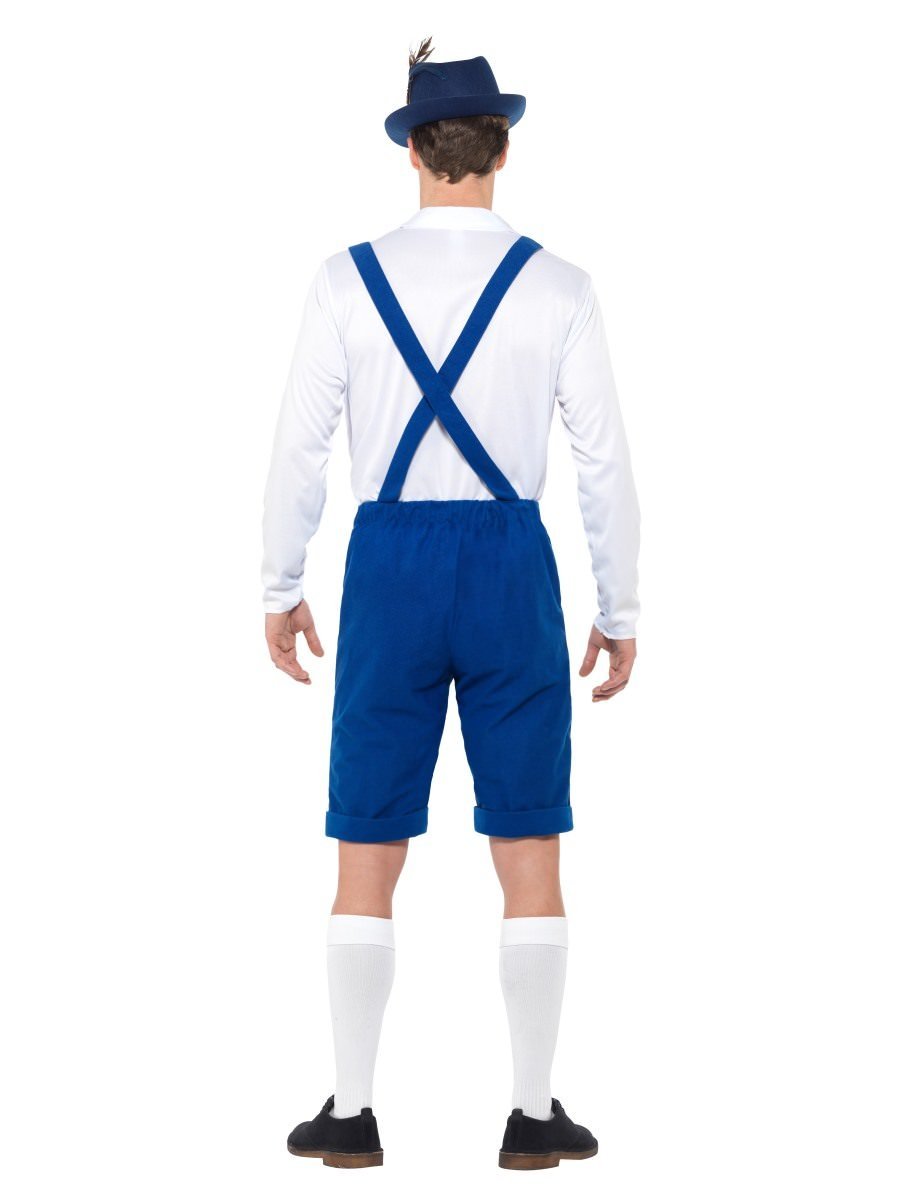 Bavarian Costume Adult Blue Lederhosen Hat with Feather White Shirt 3