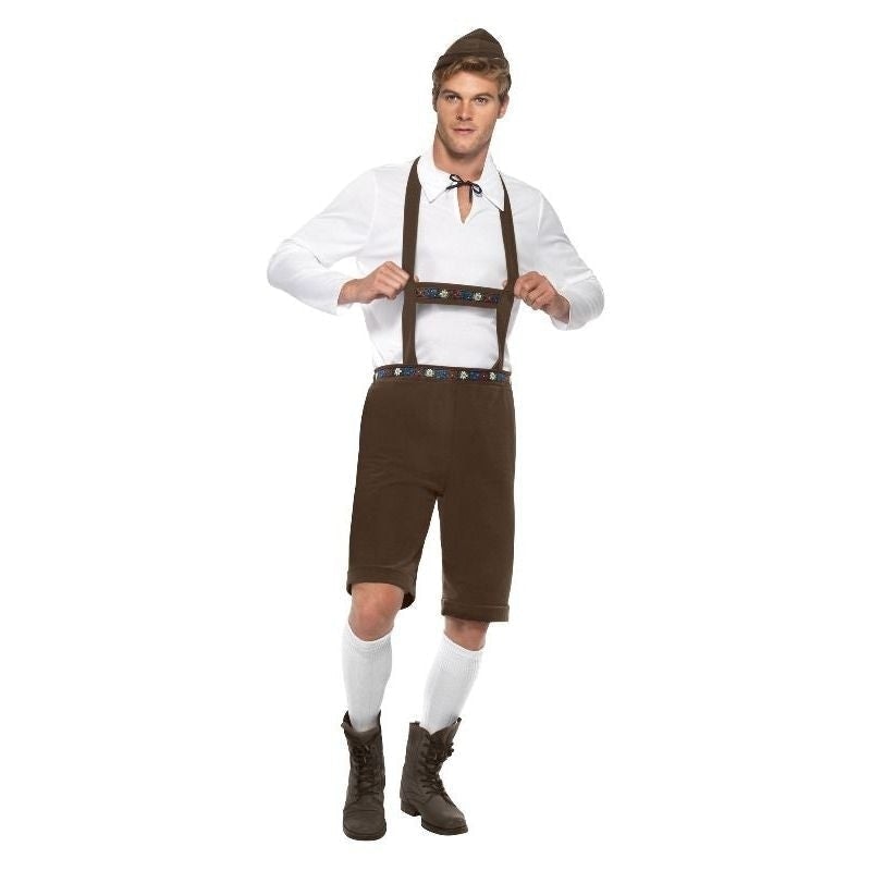 Bavarian Man Costume Adult Brown Lederhosen Shorts With Braces White Top Brown Hat 1